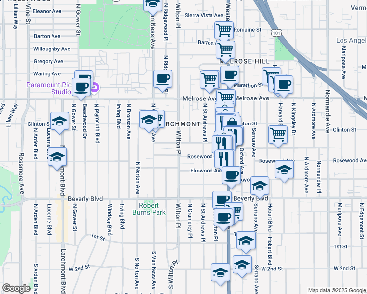 map of restaurants, bars, coffee shops, grocery stores, and more near 5030 West Maplewood Avenue in Los Angeles