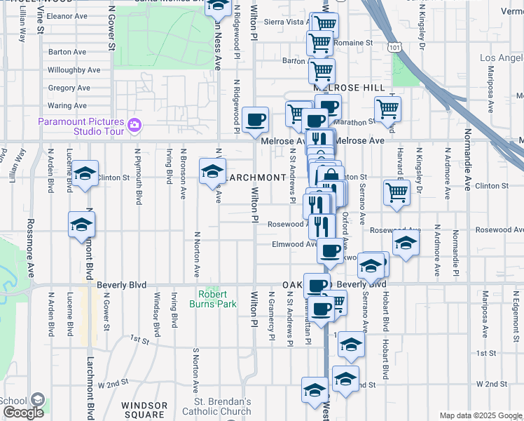 map of restaurants, bars, coffee shops, grocery stores, and more near 5050 West Maplewood Avenue in Los Angeles