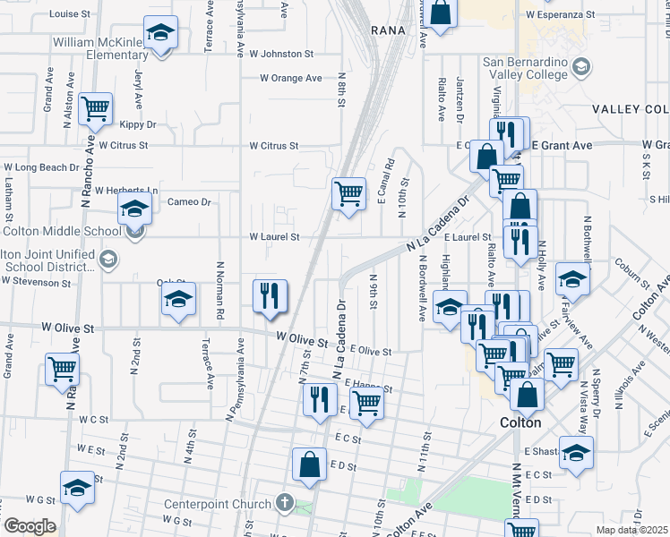 map of restaurants, bars, coffee shops, grocery stores, and more near 1215 North 8th Street in Colton