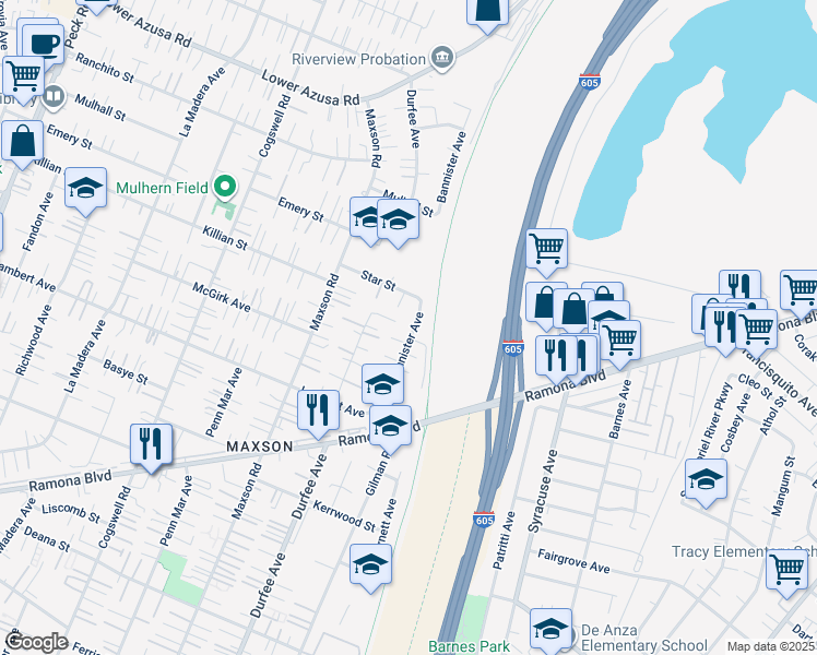 map of restaurants, bars, coffee shops, grocery stores, and more near 4453 Bannister Avenue in El Monte