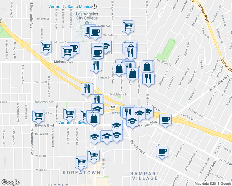 map of restaurants, bars, coffee shops, grocery stores, and more near 3877 Middlebury Street in Los Angeles