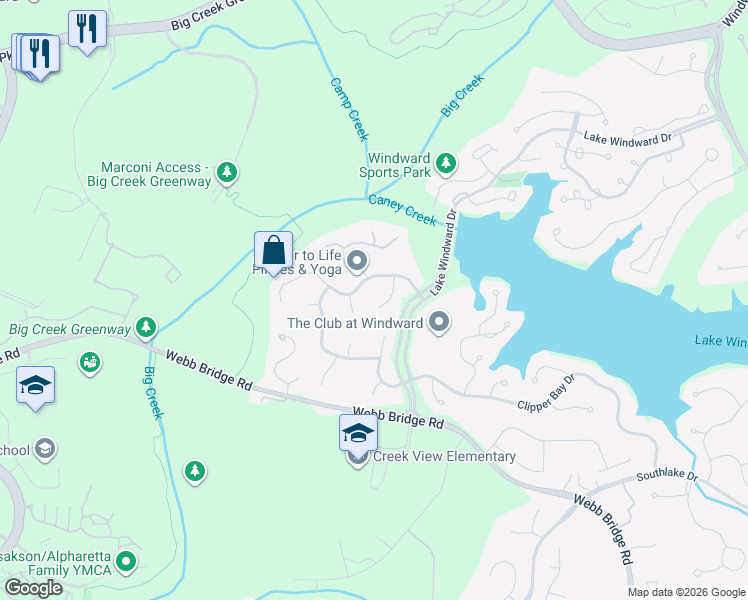 map of restaurants, bars, coffee shops, grocery stores, and more near 735 Willow Overlook in Alpharetta