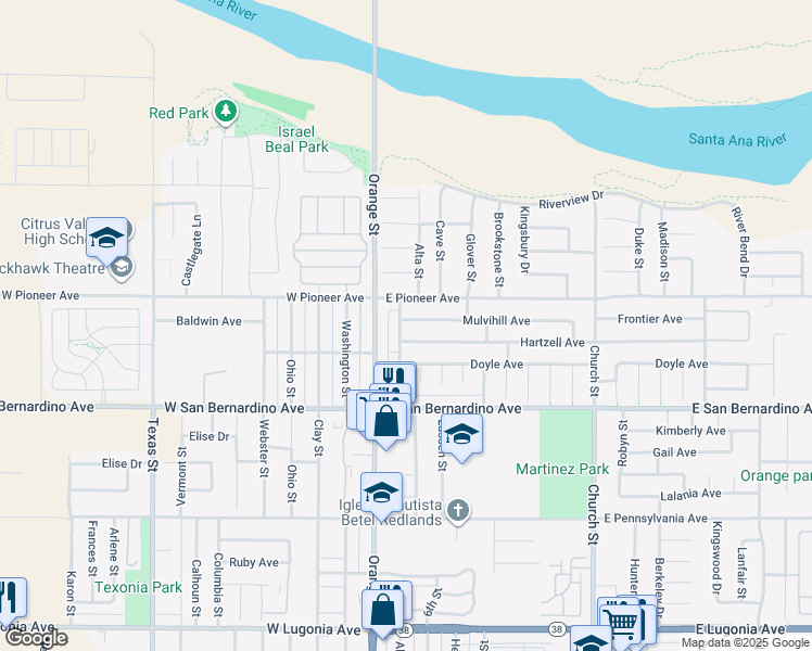map of restaurants, bars, coffee shops, grocery stores, and more near 102 Mulvihill Avenue in Redlands