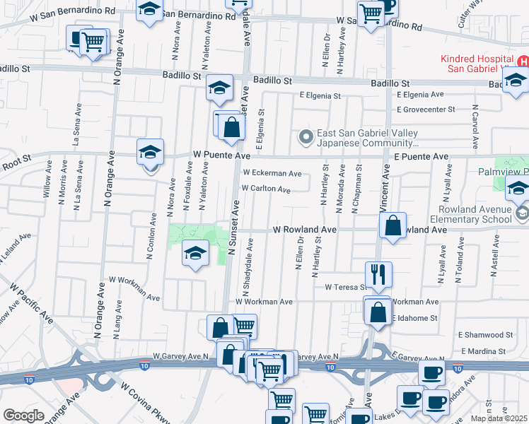 map of restaurants, bars, coffee shops, grocery stores, and more near 531 North Broadmoor Avenue in West Covina
