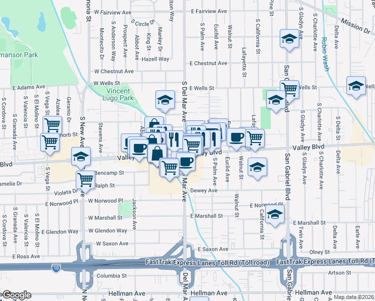 map of restaurants, bars, coffee shops, grocery stores, and more near 101 East Valley Boulevard in San Gabriel