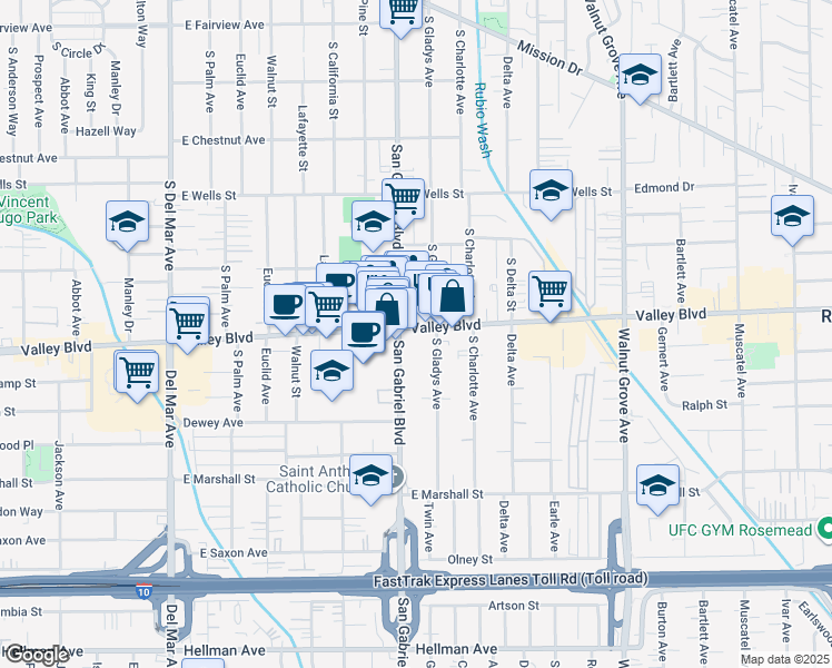 map of restaurants, bars, coffee shops, grocery stores, and more near 800 East Valley Boulevard in San Gabriel