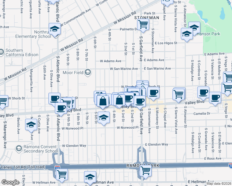 map of restaurants, bars, coffee shops, grocery stores, and more near 1216 South 4th Street in Alhambra