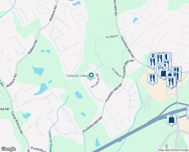 map of restaurants, bars, coffee shops, grocery stores, and more near 3320 Ivy Lake Drive Northeast in Buford