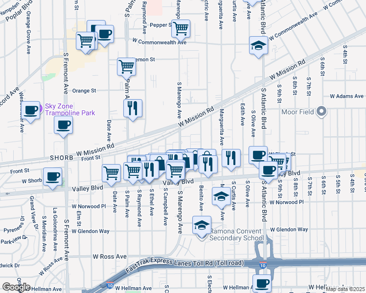 map of restaurants, bars, coffee shops, grocery stores, and more near 1024 South Marengo Avenue in Alhambra
