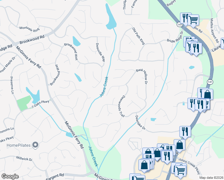 map of restaurants, bars, coffee shops, grocery stores, and more near 5740 Buck Hollow Drive in Alpharetta
