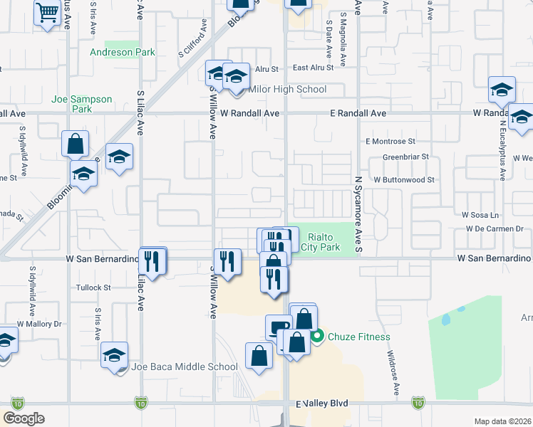 map of restaurants, bars, coffee shops, grocery stores, and more near 1166 South Riverside Avenue in Rialto