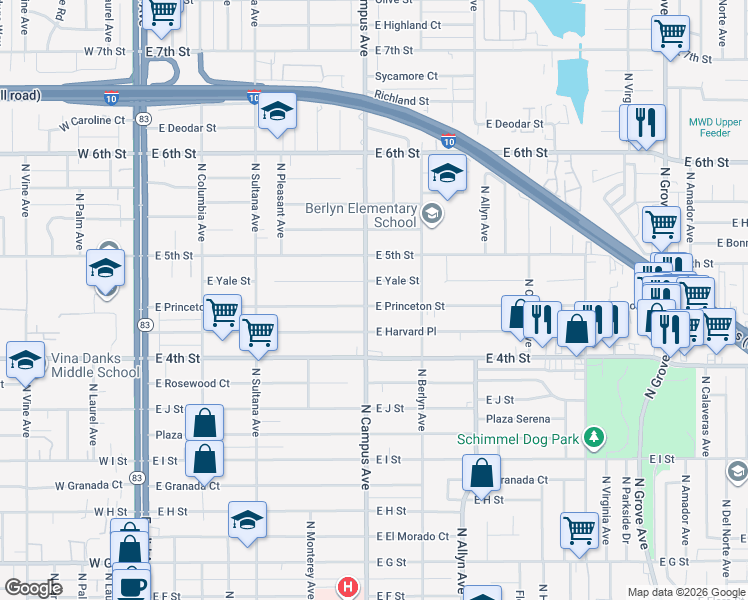 map of restaurants, bars, coffee shops, grocery stores, and more near 729 East Princeton Street in Ontario
