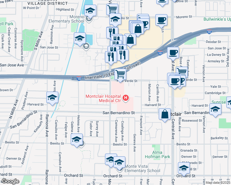 map of restaurants, bars, coffee shops, grocery stores, and more near 9645 Monte Vista Avenue in Montclair