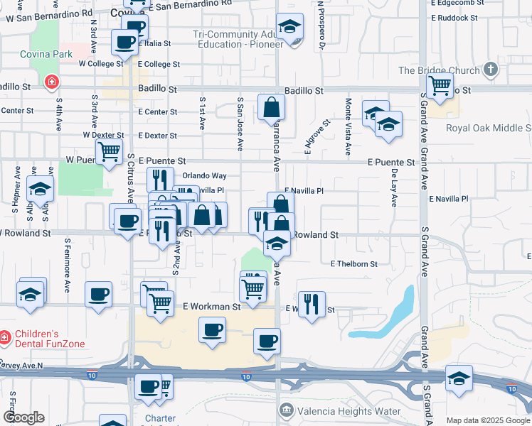 map of restaurants, bars, coffee shops, grocery stores, and more near 535 South Barranca Avenue in Covina