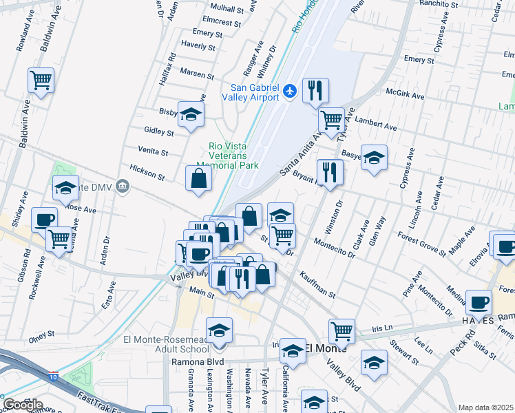 map of restaurants, bars, coffee shops, grocery stores, and more near 10737 1/2 Saint Louis Drive in El Monte