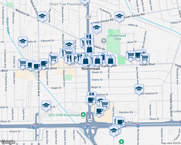 map of restaurants, bars, coffee shops, grocery stores, and more near in Rosemead