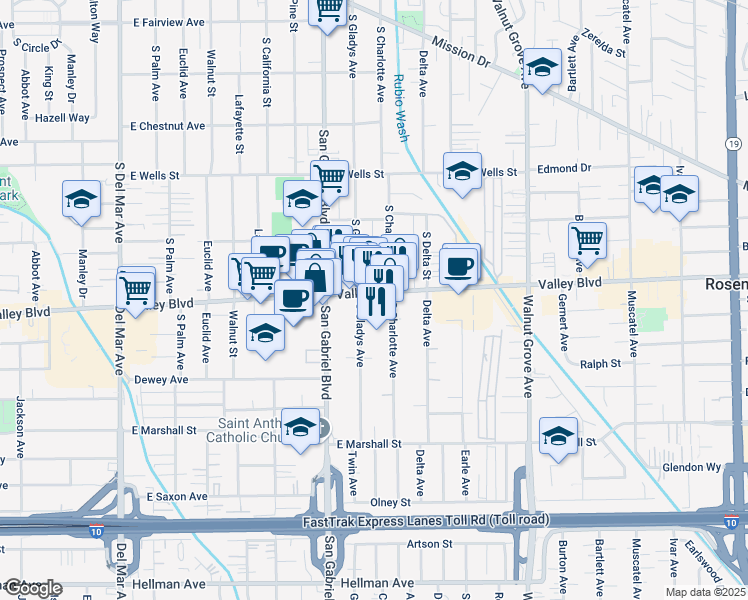 map of restaurants, bars, coffee shops, grocery stores, and more near 1602 South Gladys Avenue in San Gabriel