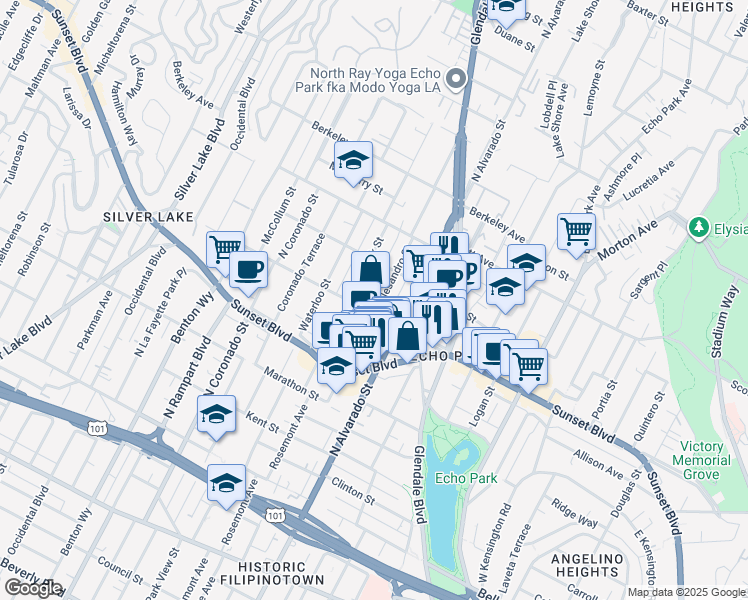map of restaurants, bars, coffee shops, grocery stores, and more near 1322 Allesandro Street in Los Angeles