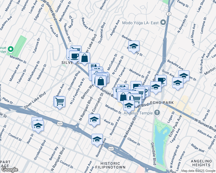 map of restaurants, bars, coffee shops, grocery stores, and more near 2501 Sunset Boulevard in Los Angeles