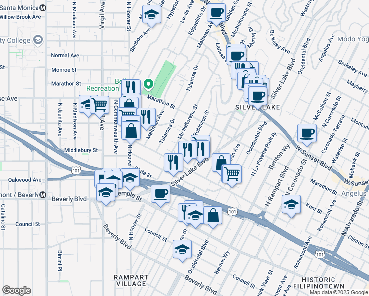 map of restaurants, bars, coffee shops, grocery stores, and more near 641 Robinson Street in Los Angeles