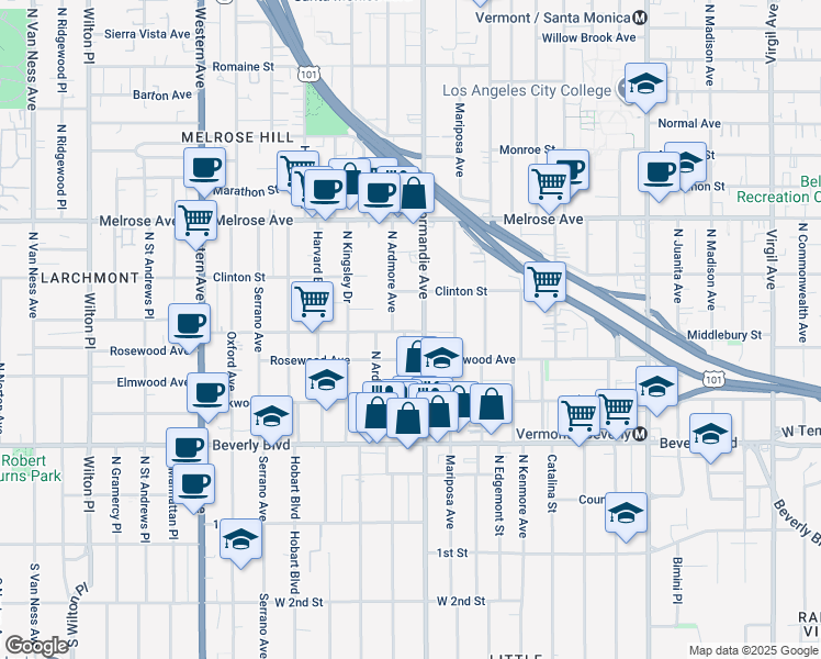 map of restaurants, bars, coffee shops, grocery stores, and more near 505 North Normandie Avenue in Los Angeles