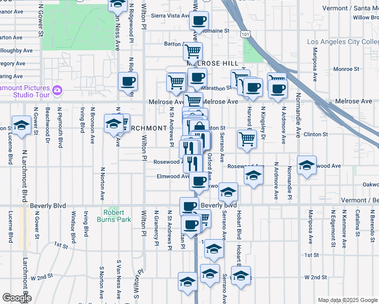 map of restaurants, bars, coffee shops, grocery stores, and more near 4914 West Maplewood Avenue in Los Angeles