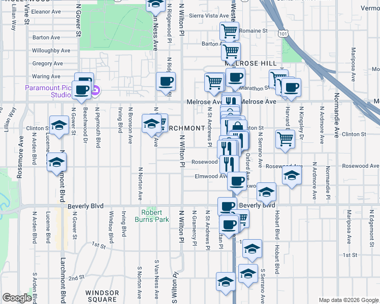 map of restaurants, bars, coffee shops, grocery stores, and more near 5030 West Maplewood Avenue in Los Angeles