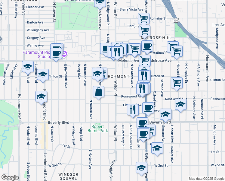 map of restaurants, bars, coffee shops, grocery stores, and more near 5100 West Maplewood Avenue in Los Angeles