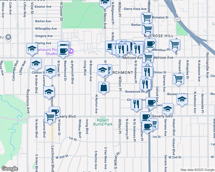 map of restaurants, bars, coffee shops, grocery stores, and more near in Los Angeles