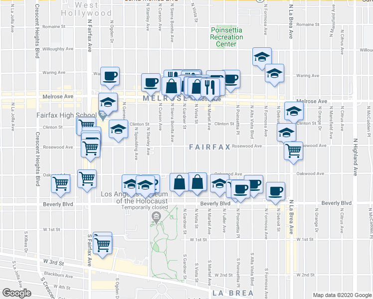 map of restaurants, bars, coffee shops, grocery stores, and more near 466 1/2 North Gardner Street in Los Angeles