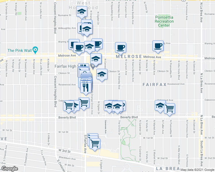 map of restaurants, bars, coffee shops, grocery stores, and more near 461 North Spaulding Avenue in Los Angeles