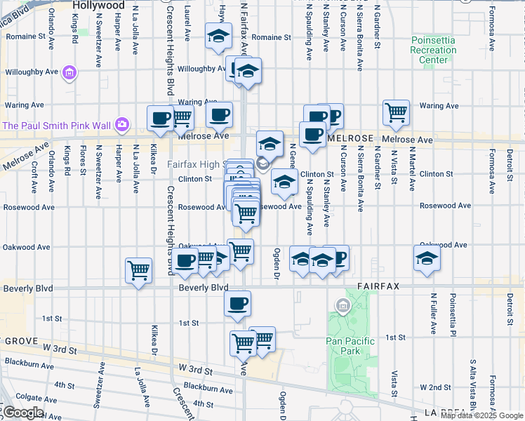 map of restaurants, bars, coffee shops, grocery stores, and more near 467 North Orange Grove Avenue in Los Angeles