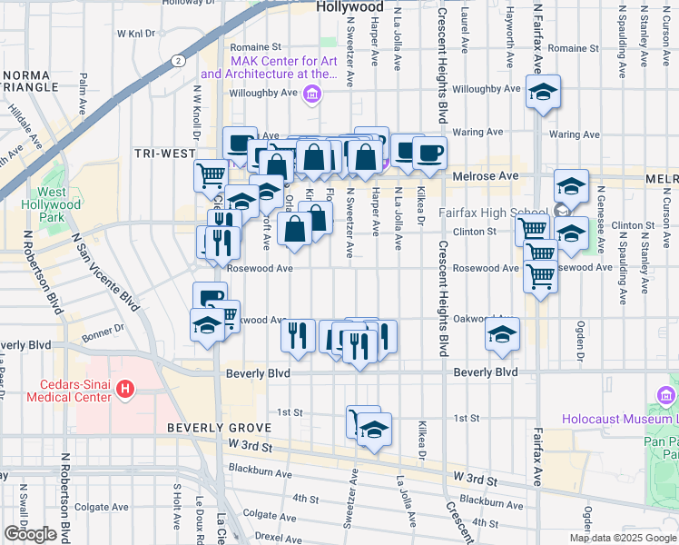 map of restaurants, bars, coffee shops, grocery stores, and more near 468 North Flores Street in Los Angeles