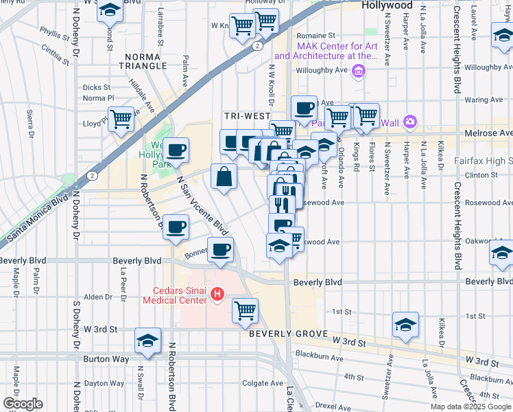 map of restaurants, bars, coffee shops, grocery stores, and more near 500 Westbourne Drive in West Hollywood