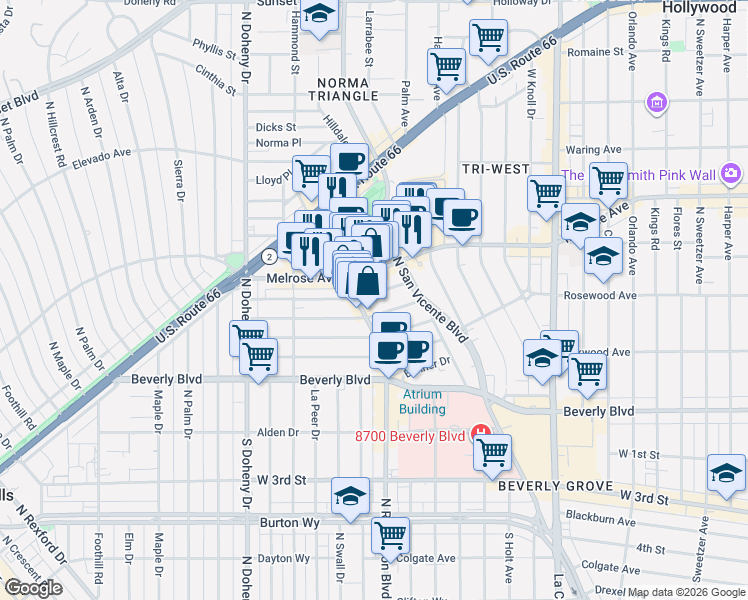 map of restaurants, bars, coffee shops, grocery stores, and more near 8758 Rangely Avenue in West Hollywood