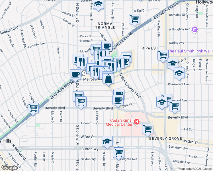 map of restaurants, bars, coffee shops, grocery stores, and more near 8824 Rangely Avenue in Los Angeles