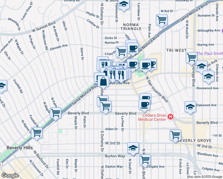 map of restaurants, bars, coffee shops, grocery stores, and more near 9036 Rangely Avenue in Los Angeles