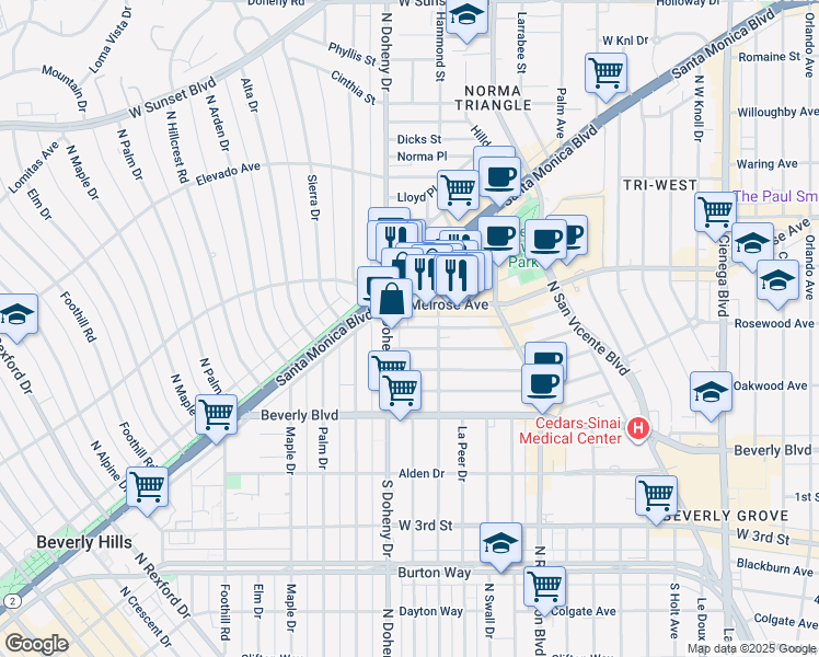 map of restaurants, bars, coffee shops, grocery stores, and more near 9036 Rangely Avenue in Los Angeles