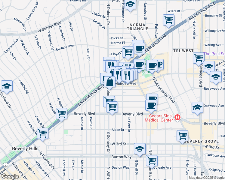 map of restaurants, bars, coffee shops, grocery stores, and more near 9036 Rangely Avenue in Los Angeles