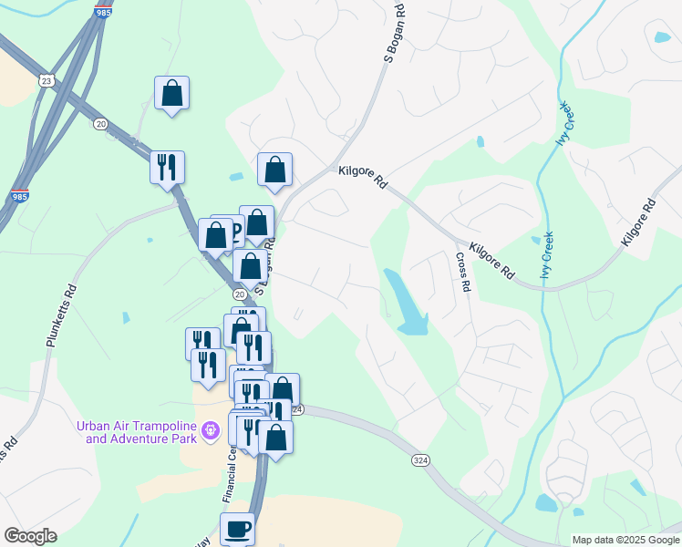 map of restaurants, bars, coffee shops, grocery stores, and more near 1970 Sturbridge Lane in Buford