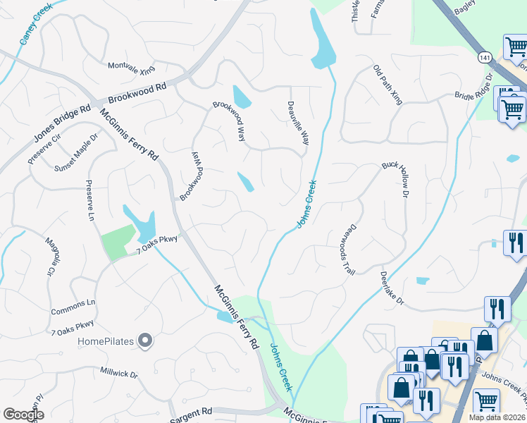 map of restaurants, bars, coffee shops, grocery stores, and more near 7245 Brassfield Drive in Cumming