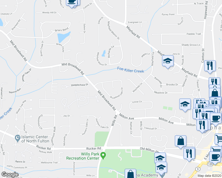 map of restaurants, bars, coffee shops, grocery stores, and more near 1895 Broadwell Oaks Drive in Alpharetta
