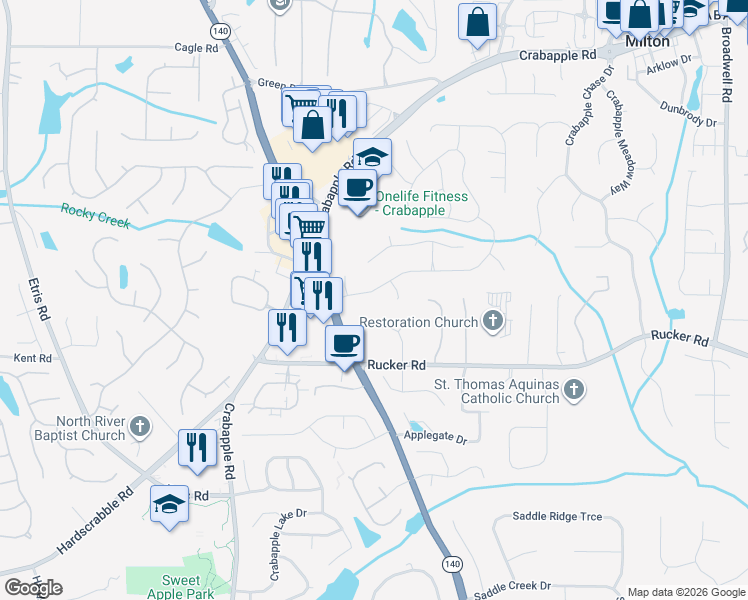 map of restaurants, bars, coffee shops, grocery stores, and more near 225 North Farm Drive in Alpharetta