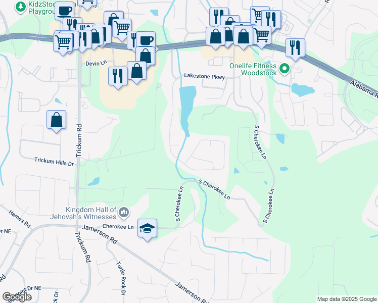map of restaurants, bars, coffee shops, grocery stores, and more near 280 Lakestone Parkway in Woodstock