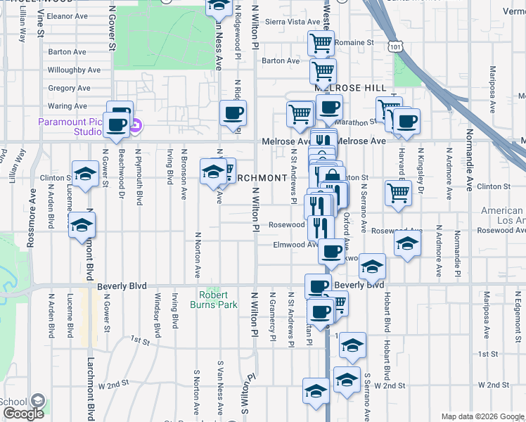 map of restaurants, bars, coffee shops, grocery stores, and more near 5050 West Maplewood Avenue in Los Angeles