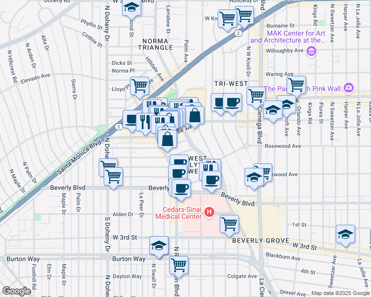 map of restaurants, bars, coffee shops, grocery stores, and more near 8717 Dorrington Avenue in West Hollywood