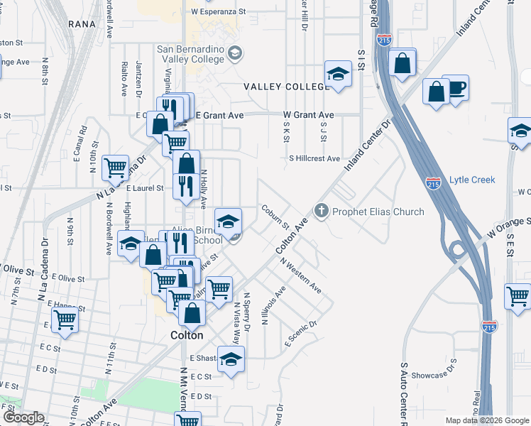 map of restaurants, bars, coffee shops, grocery stores, and more near 250 Coburn Street in Colton