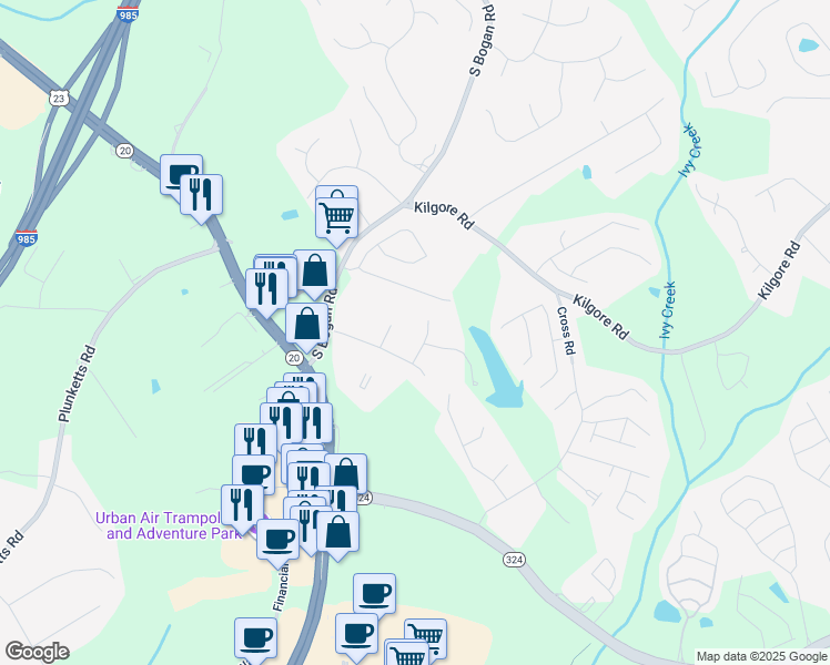 map of restaurants, bars, coffee shops, grocery stores, and more near 1970 Sturbridge Lane in Buford