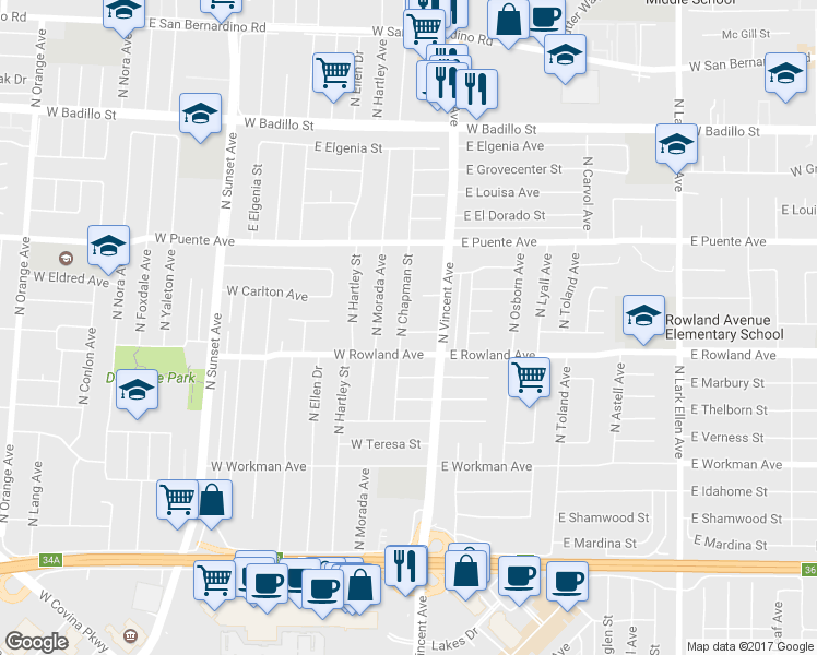 map of restaurants, bars, coffee shops, grocery stores, and more near 1031 West Swanee Lane in West Covina