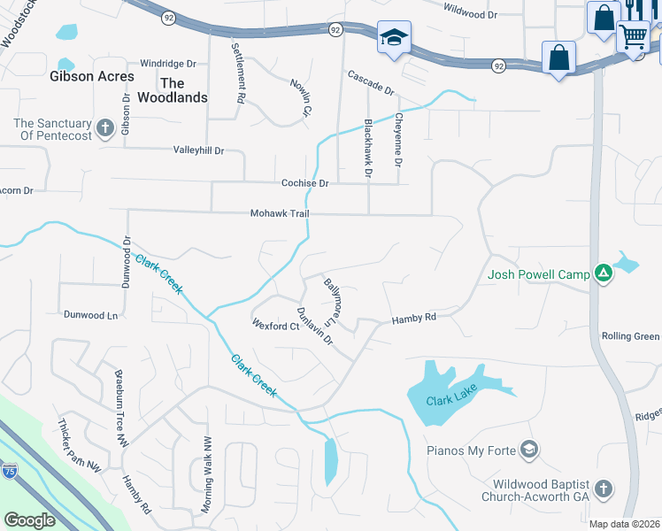 map of restaurants, bars, coffee shops, grocery stores, and more near 813 Tramore Road in Acworth